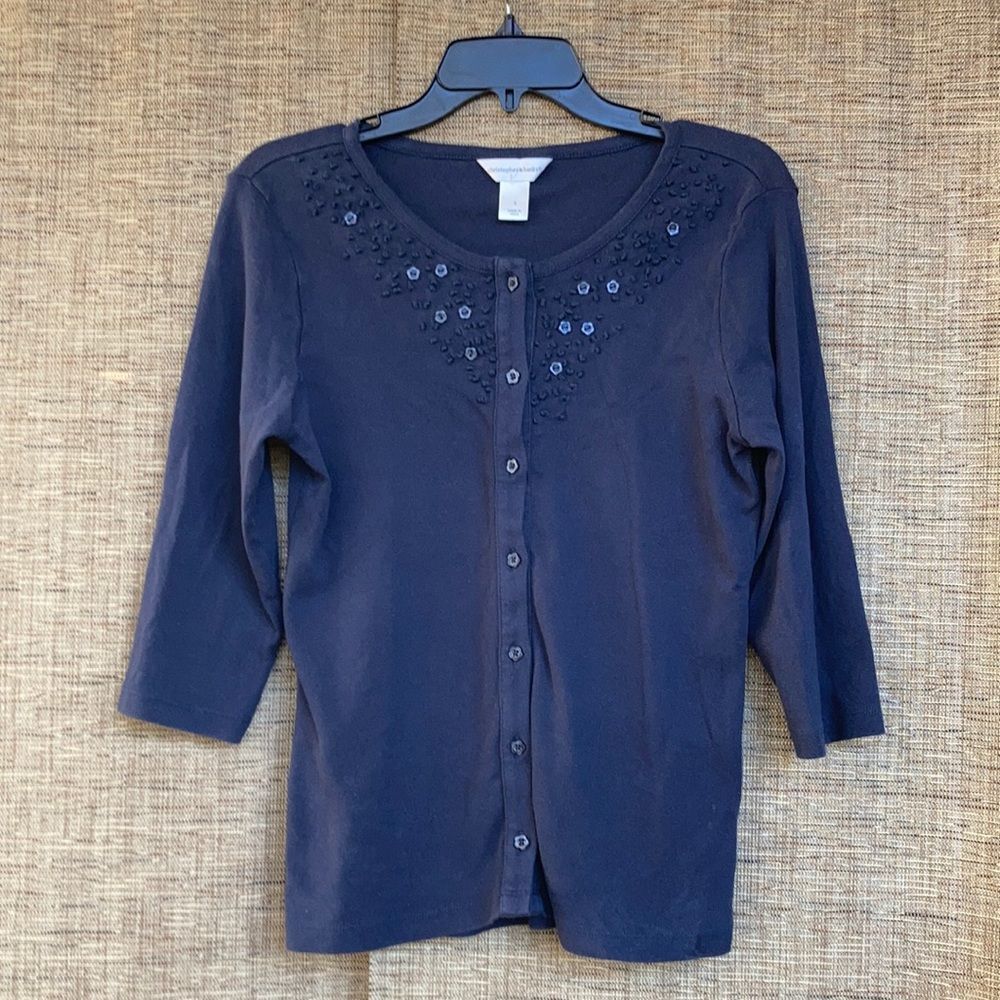 Christopher & Banks 3/4 sleeve cotton cardigan black with navy undertones